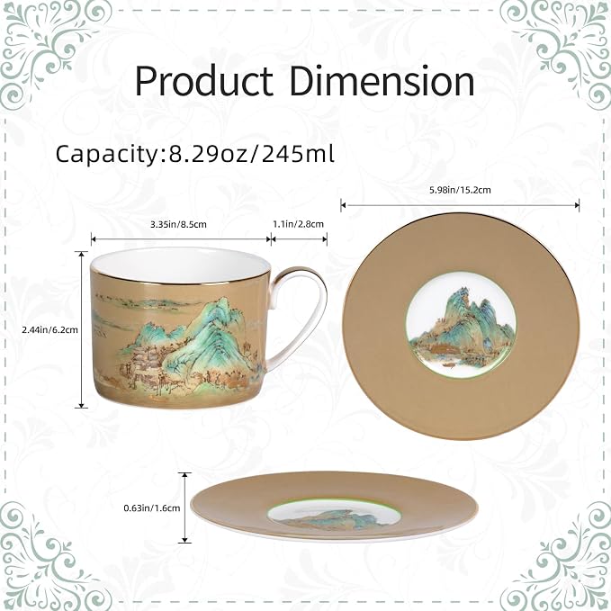 KAMMAK Tea Cups and Saucers Set of 2, Porcelain Coffee Cups, Stackable Espresso Mugs, Ceramic Demitasse for Coffee, Cappuccino, Latte, Americano, Tea, Large - River and Mountains