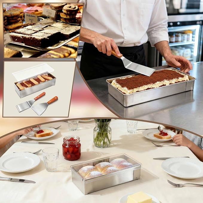 Blushtier 2 Pcs Nonstick Rectangle Tiramisu Cake Pan with Acrylic Lid and 2 Metal Spatula Removable Frame 304 Stainless Steel Cake Baking Molds for Tiramisu Cheesecake Mousse (9.45 x 3.94 x 2.56 Inch)