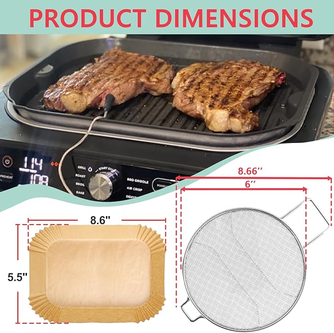 Splatter Shield & 100PCS Paper Liners for Ninja IG651,IG600,IG601 Foodi Air Fryer Accessories, Stainless Steel Splash Guard Replacement Parts for Ninja 6 in 1 Smart XL Indoor Grill Mesh Screen
