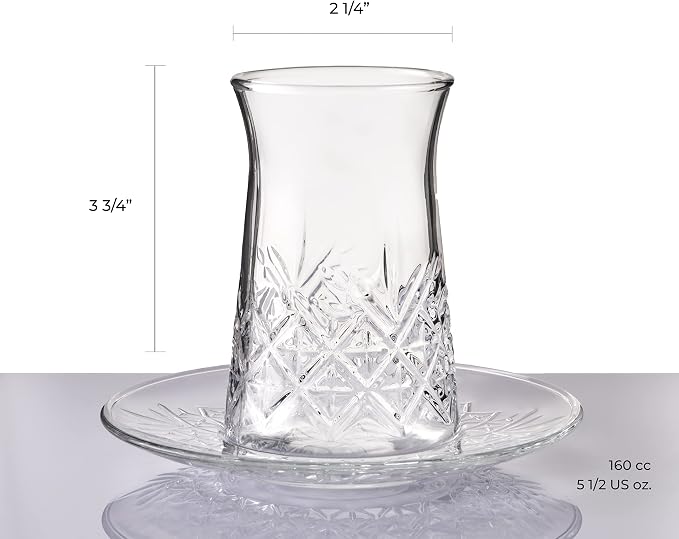Pasabahce Crystal Turkish Tea Glasses and Saucers, Set of 12 Turkish Tea Cup Set, 6 Cups and 6 Plates Perfect for Tea Party, Gifts, Housewarming, Weddings, Aniversary