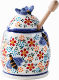 ZOOBEE 10oz Honey Jar with Dipper and Lid Farmhouse Style,Honey Pot with Dipper, Handpainted Honey Pot with Bees,Easily Wash-Spring Delight