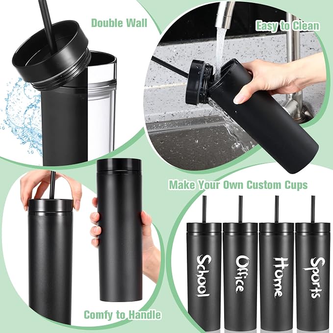 Mimorou 30 Pack Skinny Tumbler with Lids and Straws 16 oz Matte Acrylic Tumblers Straight Double Wall Plastic Reusable Cup Laser Engrave Customized DIY Gifts for Parties Birthday Home Office (Black)