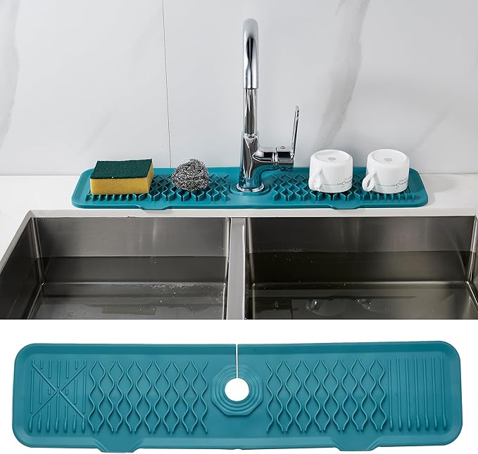 24inch Kitchen Sink Splash Guard Green Draining Mat Dish Drying Mats Sponge Holder and Bathroom Countertop Protect Kitchen Sink Splatter Screen Faucet Splash Guard Faucet Air Drying Mat