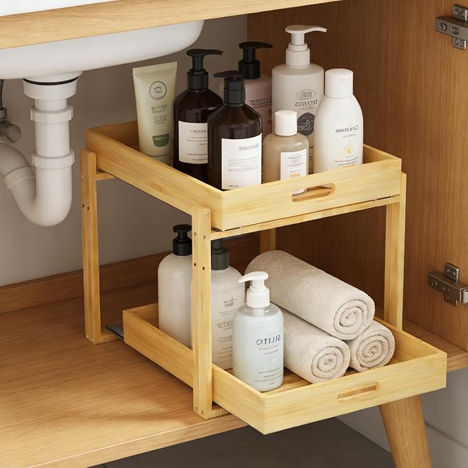 Under Sink Organizer and Storage - 2-Tier Bamboo Kitchen Cabinet Shelf with Adjustable Levels, Undersink Organization Slide Out for Bathroom Cabinet Pantry