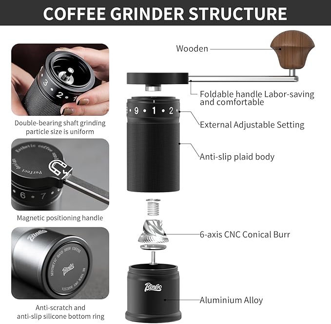 Bincoo Manual Coffee Grinder Manual Foldable Handle– Espresso Hand Coffee Grinder Burr,Compact and Portable for Home/Travel/Camping (Black)