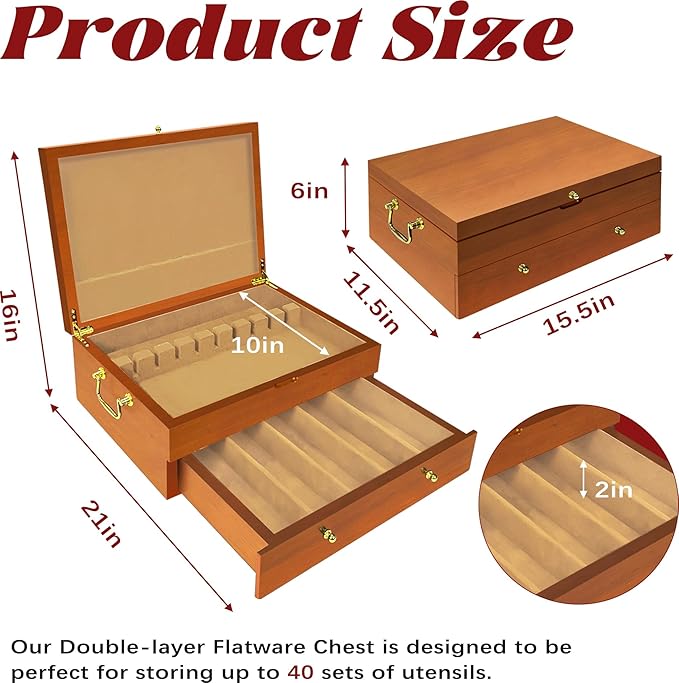 Silverware Storage Box Solid Wood with Lid, Silverware Organizer with Handle and Felt Lined, Silverware Storage Chest for Flatware and Utensils Home Decor Gift, Chest for Flatware (Oak, 2 Layer)