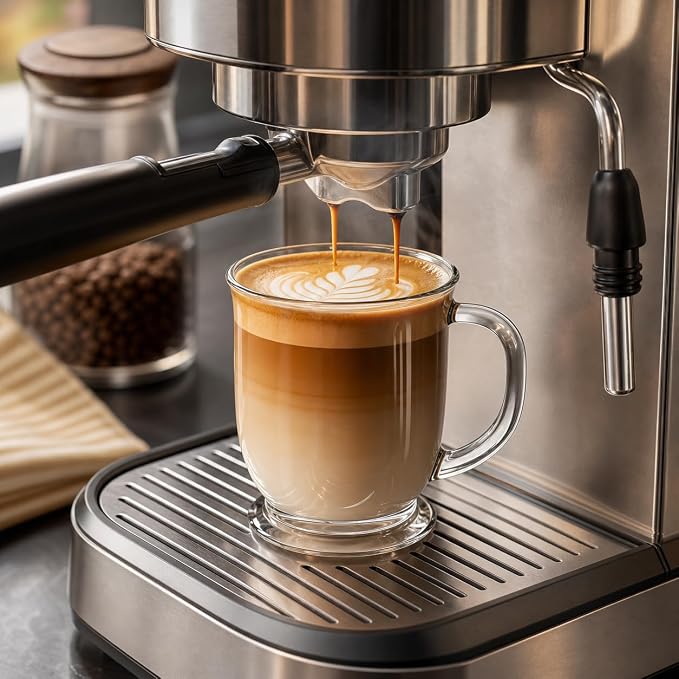 6 Pack Glass Coffee Mugs with 6 Spoons, 15 OZ Clear Drinking Glasses with Handle, Large Espresso Cup, Hot Cold Beverage Glassware Set for Water, Tea, Cappuccino, Latte, Juice, Cocoa, Milk