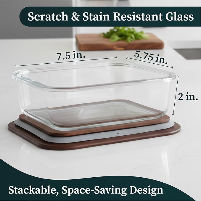 5-Piece Borosilicate Glass Food Storage Containers with Acacia Wood Lids — 35 oz Rectangular Meal Prep & Leftovers Set, Oven, Freezer & Microwave Safe, Plastic-Free