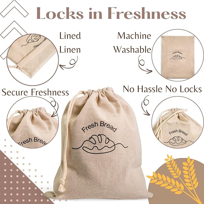 3-Pack Linen Bread Bags for Homemade Bread – Reusable Bread Storage Bags with Inner Lining – 12"x15" Sourdough Bread Bags – Eco-Friendly Baking Supplies & Gifts for Home Bakers by Simply H&K
