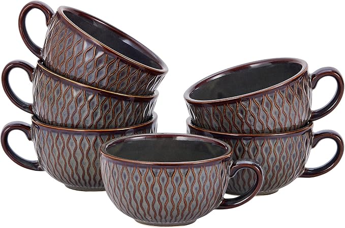 Coffeezone Set of 6 Cups Vintage Design 12 oz Professional Barista Ceramic Latte Art Cappuccino Cups Set (Embossed Grey * 6)