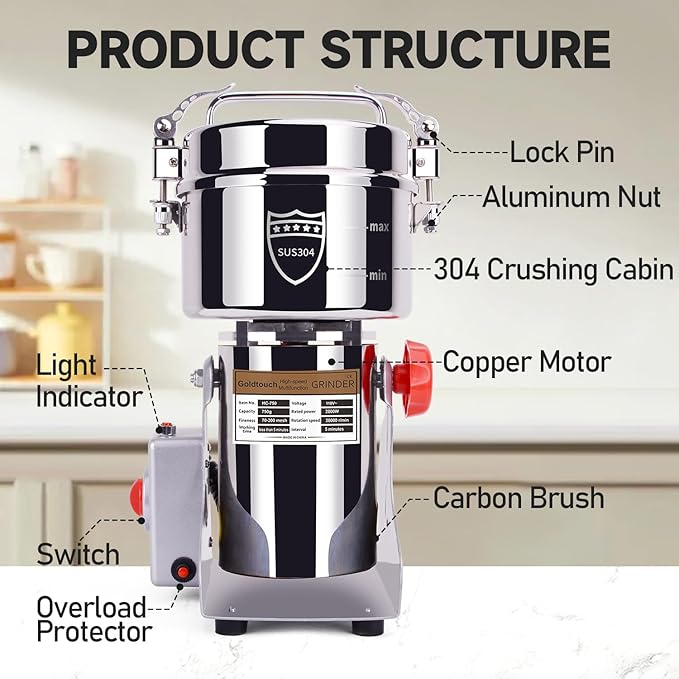 Goldtouch 750g Grain Mill Grinder 2800W Electric Stainless Steel Grain Grinder High-Speed Pulverizer Powder Machine for Dry Wheat, Oats, Corn, Pepper and Coffee Beans (750g Swing Type)