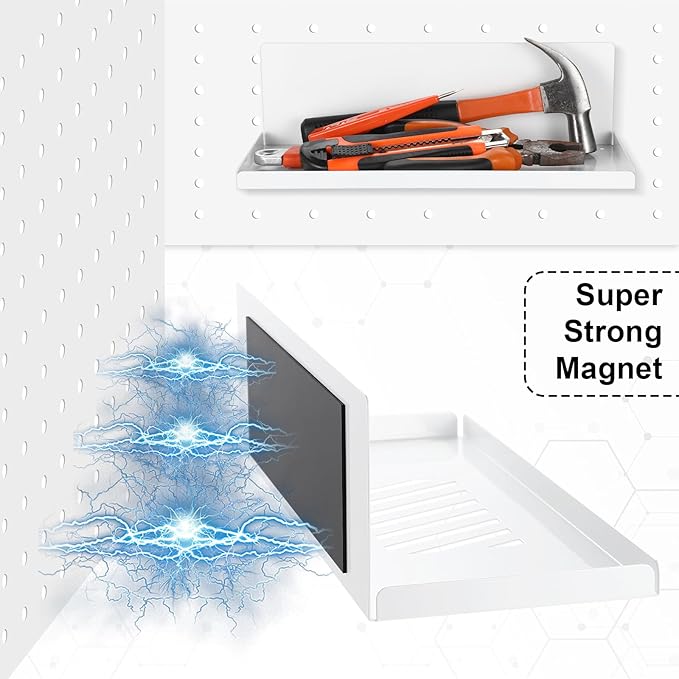 Therwen 4 Pack Magnetic Pegboard Shelves Wall Organizer Metal Pegboard Shelf Steel Tray Accessories Organizing Tools for Craft Home Kitchen(12 x 4.8 x 3.6 Inches,White)