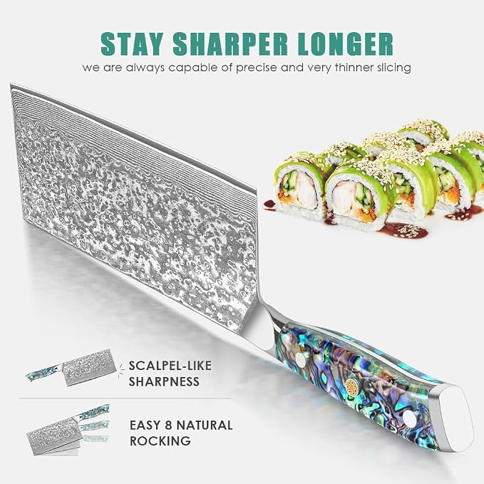 KEENZO Chinese kitchen Knife 7.5 inch,Razor Sharp Professional Chef knife, Japanese Hand Forged 67 Layers Damascus Steel Cooking Knife, Ergonomic Abalone Shell Handle Cooking Knife with gift box