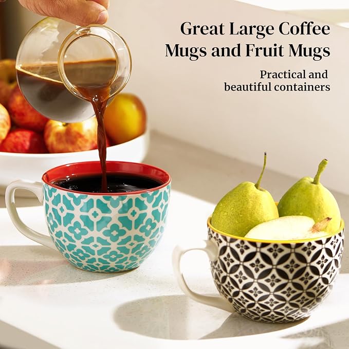 DOWAN Mosaian Soup Mugs, 24oz Large Coffee Mugs Set of 4, Soup Mugs With Handles, Ceramic Mugs for Soup/Coffee/Cereal/Latte, Thanksgiving and Housewarming Gifts for Family and Friends