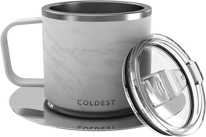 Stackable Insulated Espresso Cup with Saucer by Coldest - Insulated Triple Wall Travel Stainless Steel Travel Double Shot Espresso Coffee Mug with Sliding Lid (4 oz, Carrara Marble)
