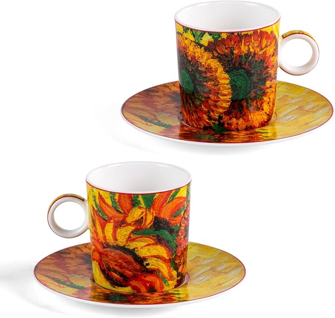 KAMMAK Tea Cups and Saucers Set of 2, Porcelain Coffee Cups, Stackable Espresso Mugs, Ceramic Demitasse for Coffee, Cappuccino, Latte, Americano, Tea, Small - Sunflower Oil Painting