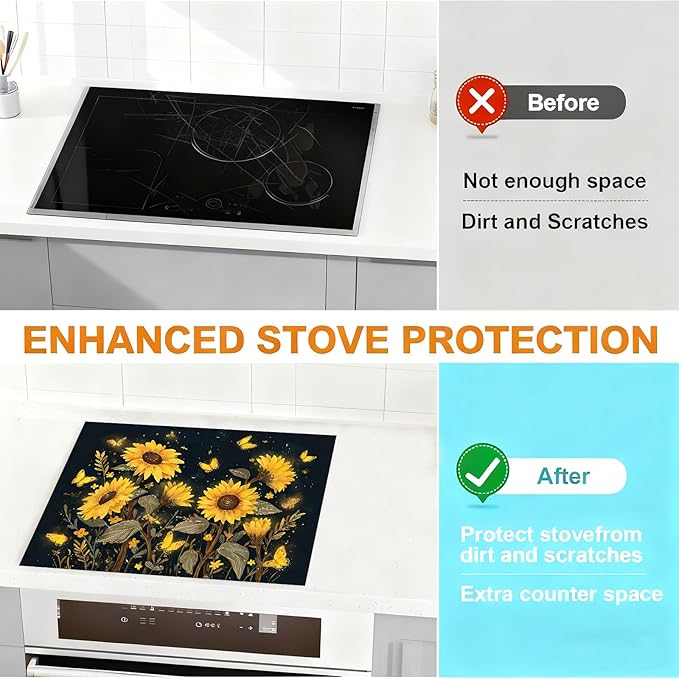 Decorative Sunflower Stove Cover Mat for Electric and Glass Stovetops, Heat-Resistant Countertop Protector with Floral and Butterfly Waterproof Anti-Slip Kitchen Surface(28×20 Inches) (Sunflower)