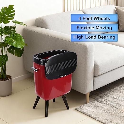 Tall Trash Can with Wheels, 15L Large Capacity Narrow Garbage Can with Elevated Legs, Trash Bin for Kitchen Bathroom Living Room Office (Red)