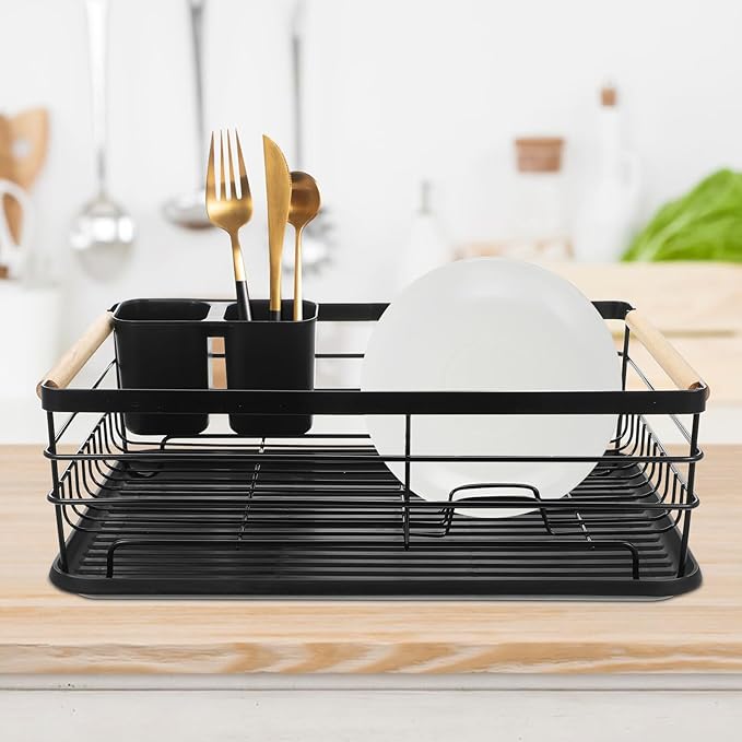 Lurrose Metal Dish Drying Rack with Drainboard and Utensil Holder, Large Capacity Kitchen Countertop Bowl and Plate Drainer Organizer Over Sink Use, Black Iron Multifunctional Storage