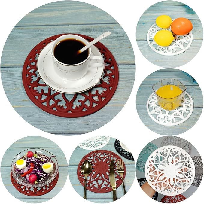 Silicone Trivet Mat-Trivets for Hot Dishes, Table, Countertop, Non-Slip Heat Resistant Modern Kitchen Teapot Trivet-Flexible Round Pads Mats, Multi-Use Intricately Carved Pad Mat of 6 Wine Red