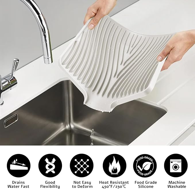 TIKNIK Silicone Dish Drying Mat, Stone Drying Mat for Kitchen Counter with Built-In Drain, Non-Slip Drain Pad with Built-in Drain, Heat Resistant Stone Drying Mat, Hangable, Cream-2pcs, 16" x 12"