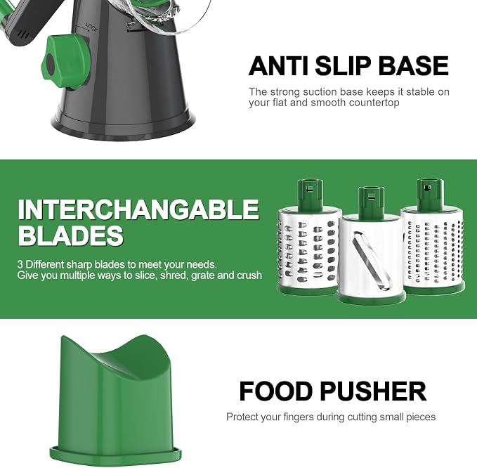 Cambom Rotary Cheese Grater Hand Crank Cheese Shredder for Fresh Cheese, Vegetable, Nuts,Non-slip Suction Base, Three Blades, Gray Green