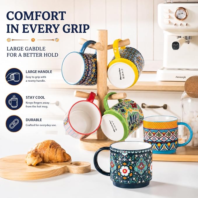HENXFEN LEAD Coffee Mugs Set of 6, 12 oz Stackable Ceramic Coffee Cups with Large Handles, Boho Mug Set for Coffee, Tea & Hot Cocoa, Dishwasher & Microwave Safe