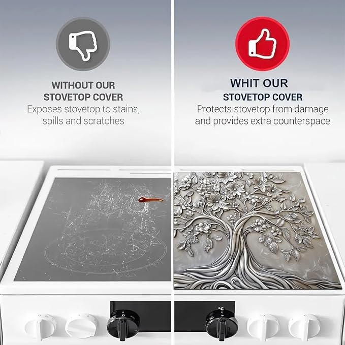 HOMETITUTE Stove Top Cover for Electric Stove 28x20 Inch Tree of Life Glass Cooktop Protector Mat Heat Resistant Decorative Kitchen Cover for Glass Range Countertop Coffee Mat