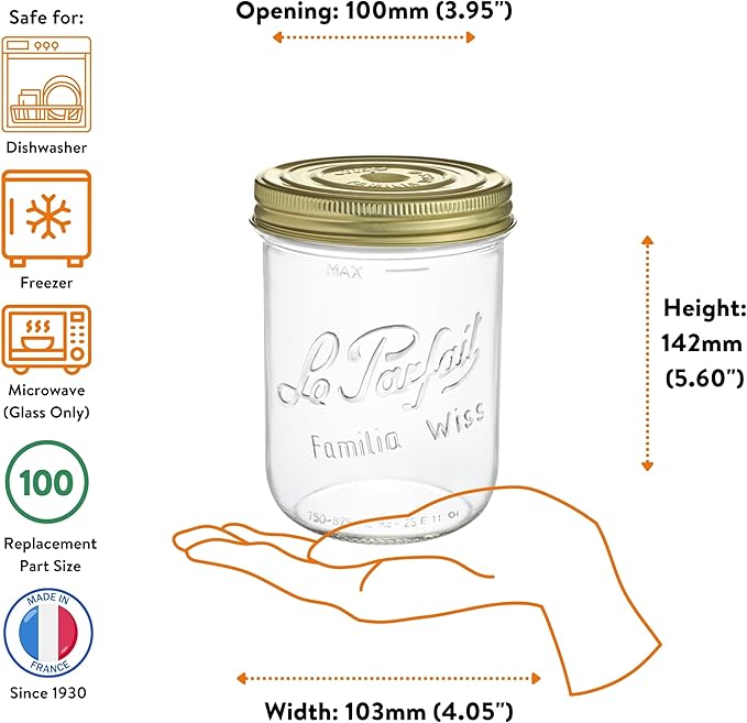 Le Parfait Familia Wiss 24oz (750ml) Wide Mouth Glass Canning Jar – 1PK Made in France, Airtight 2-Piece Lid, Reusable Zero Waste & Eco-Friendly for Kitchen Storage & Meal Prep