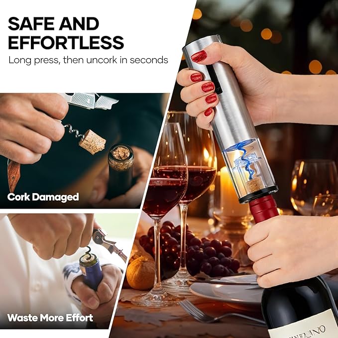 Crenova Electric Wine Opener, Rechargeable Wine Bottle Opener, Automatic Corkscrew with Vacuum Stopper, Aerator Pourer, Foil Cutter, Display Base, Gifts for Valentines Day New Home Wedding Birthday