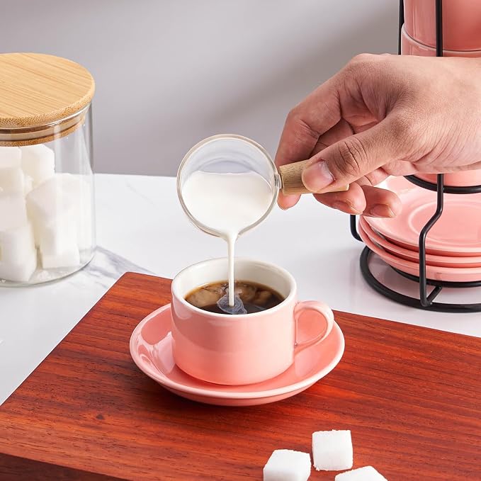 Espresso Cups Set of 4, 4oz Stackable Coffee Cups with Saucers and Metal Stand, Pink Demitasse Cups, Expresso Shots Cup Set