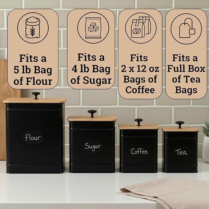 Kitchen Canisters for Countertop Set of 4 w/ Chalkboard Labels & Marker Pen | Airtight Easy Open Bamboo Lids, Dent-Resistant Thick Metal, Customizable Chalkboard Labels, Marker Pen Included, Set of 4