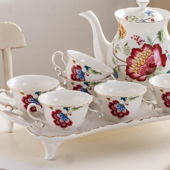 Ceramic Tea Cups Coffee Cup and Saucers Set of 4 (Blue and Red)