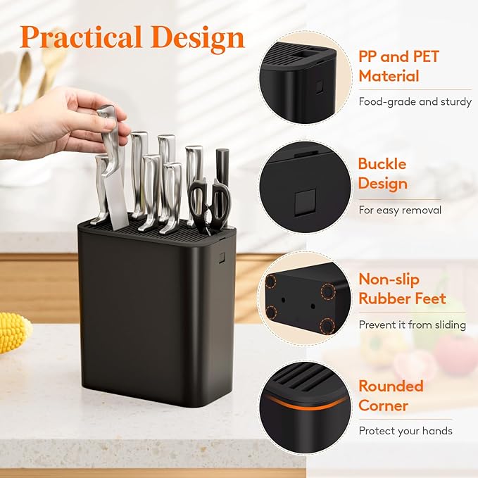 Lifewit Knife Block without Knives, Large Plastic Universal Knife Block Holder with Detachable Slots, Hold Up to 25 Knives, Scissors, and Sharpening Rods, Kitchen Storage Organizer for Counter, Black