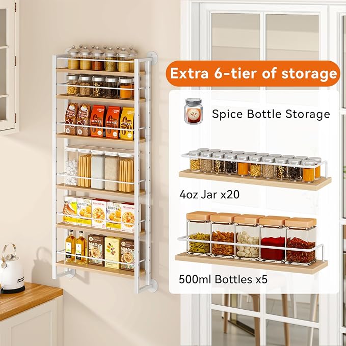 IBUYKE 6 Tier Over The Door Pantry Organizer,Wall Mounted Spice Rack,Door Hanging or Wall,Adjustable Hanging Storage Shelves,Spice Organization for Kitchen cabinet,Bathroom,Closet,Natural UTLJ028R