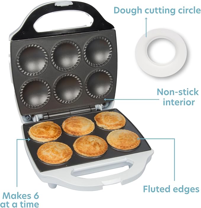 Mini Pie & Quiche Maker, Electric Baker Cooks 6 Small Quiches or Pies | Includes Dough Cutting Circle for Easy Measurement- Better than Tin Pan- Baking Dessert Gift for Her, Summer Brunch Must Have