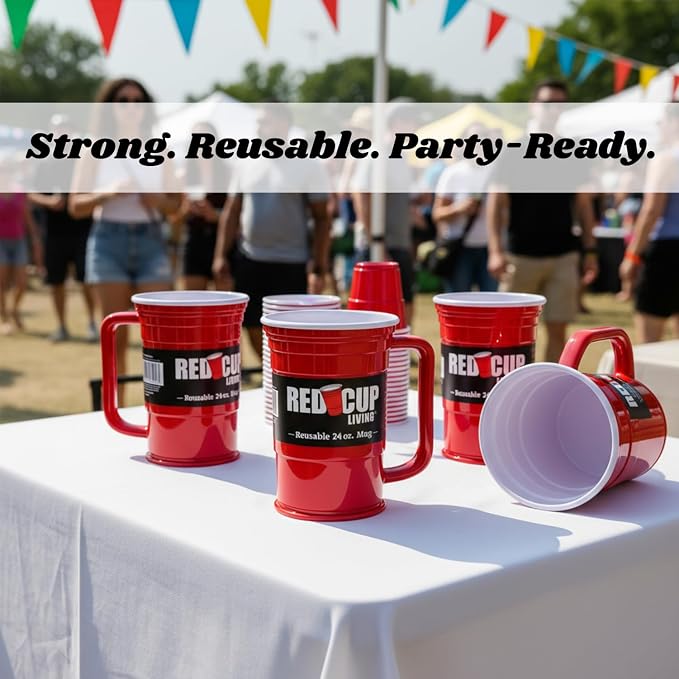 Red Beer Party Mug Glass Tumbler 6 Pack |Unbreakable Cups Beer Stein Reusable Drinking Supplies Birthday, Anniversary, Big Grip Tumbler Travel Outdoors | Dishwasher Safe Party Essentials