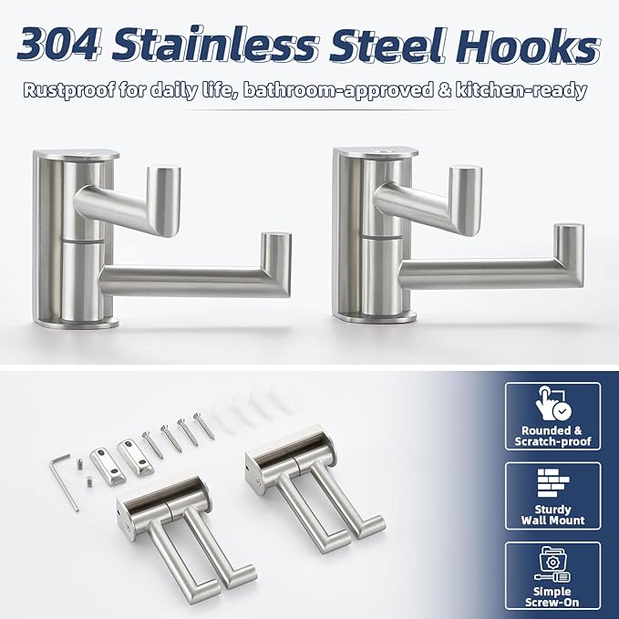 APLusee 2 Pack Swivel Coat Hooks Brushed Nickel, 304 Stainless Steel Foldable Bathroom Towel Hooks with 2 Rotating Arms, Wall Mounted
