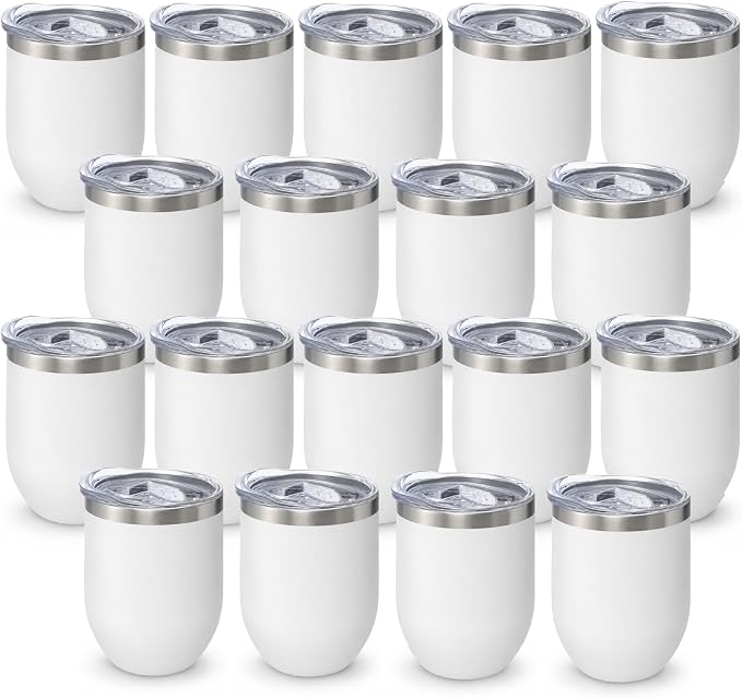 YOUKE OLA 18 Pack Stainless Steel Wine Tumbler with lid, 12oz Powder Coated Insulated Vacuum Straight Wine Tumbler Stemless Double Wall Bulk for Laser Engrave, DIY Gift, White