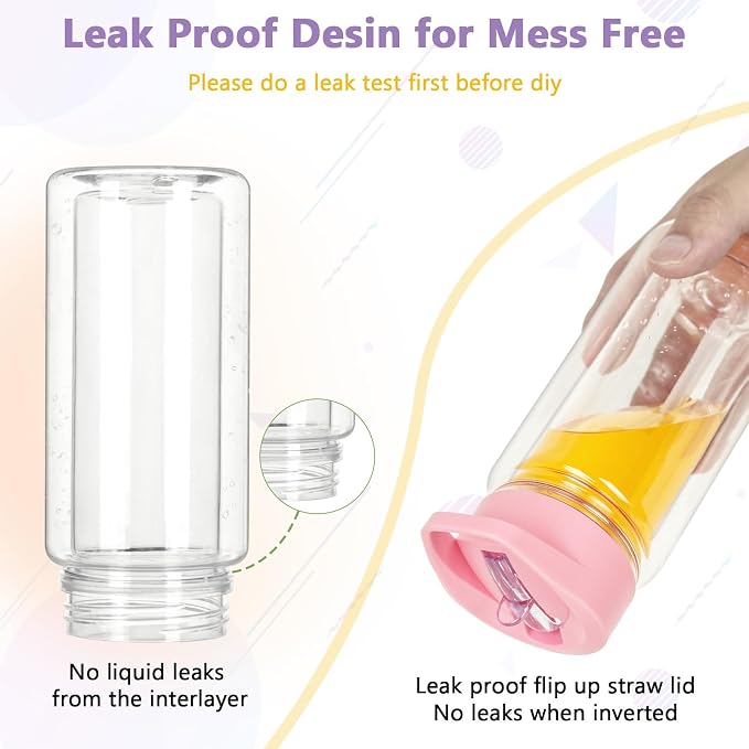 16 Pack 10 Oz Plastic Snow Globe Tumbler for Kids with Pre-Drilled Hole and Plug, Leak Proof Double Wall Snow Globe Sports Water Bottle with Portable Handle for Glitter DIY Gift, Mixed Color
