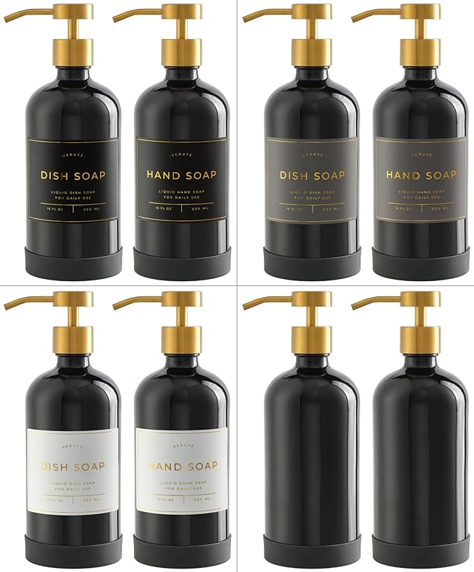 Hand and Dish Soap Dispenser for Kitchen and Bathroom, Set of 2 16 Oz Glass Bottles, Stainless Steel Pumps, Non-Slip Silicone Base, 27 Waterproof Labels (Gloss Black Bottle/Brushed Gold Pump)