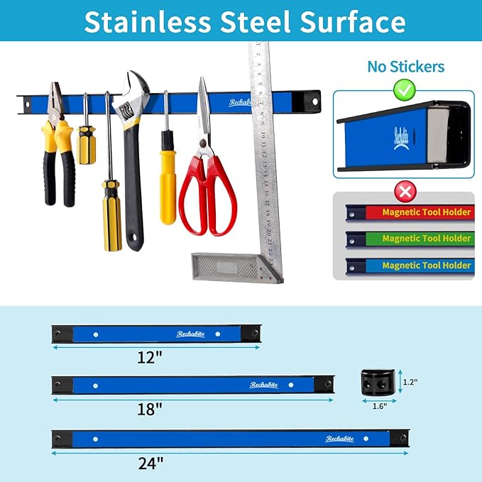 4 Pieces 12" Magnetic Tool Holder Strip, Blue Magnet Bar, Metal Tool Organizer Rack for Garage Organization, Easy To Install in Workshop, Mounting Screws Included