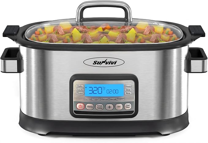 Sunvivi Slow Cooker Roaster Oven 6.5 Quart, 11 in 1 Programmable Multi-Cooker with Digital Timer, Temp Control, Keep Warm, Removable Nonstick Pot & Dishwasher-Safe Glass Lid, Sliver
