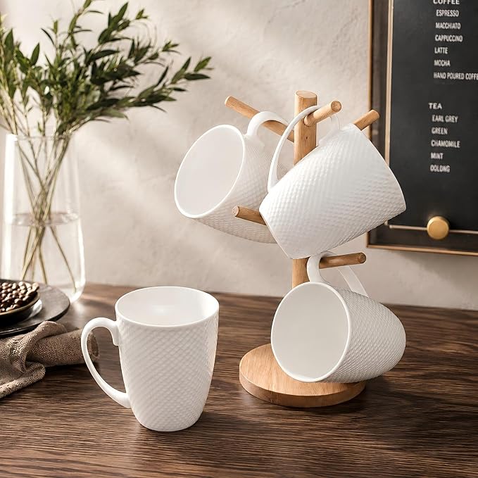12 Oz White Coffee Mugs Set of 2, Fine Bone China Mugs, Ceramic Coffee Cups Set, Rhombus Relief Texture, Lightweight Tea Mugs for Latte, Hot Cocoa, Women, Men