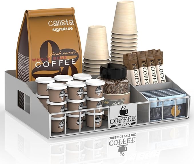 Coffee Station Organizer with 4 Compartments, K Cup Holder Storage Basket for Coffee Pods, Cups, Condiments, Sturdy Countertop Organizer for Kitchen Office Desktop Coffee Bar Accessories Metal Silver