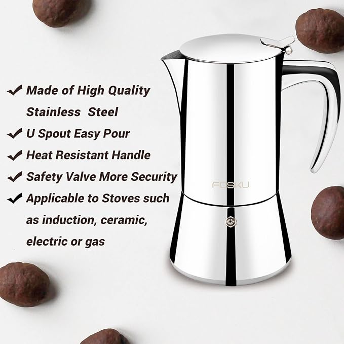 Stovetop Espresso Maker, Stainless Steel Moka Pot, Italian Style Coffee Maker, Espresso Pot For 6 Cups, 300ml (Silver)