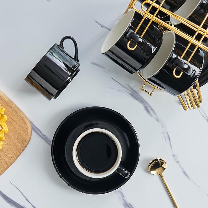 YOLIFE Espresso Cups with Saucers Set and Gold Metal Stand, 4oz Coffee Espresso Cups Set of 6, Ceramic Expresso Shots Cup with Stand & Saucers, Black