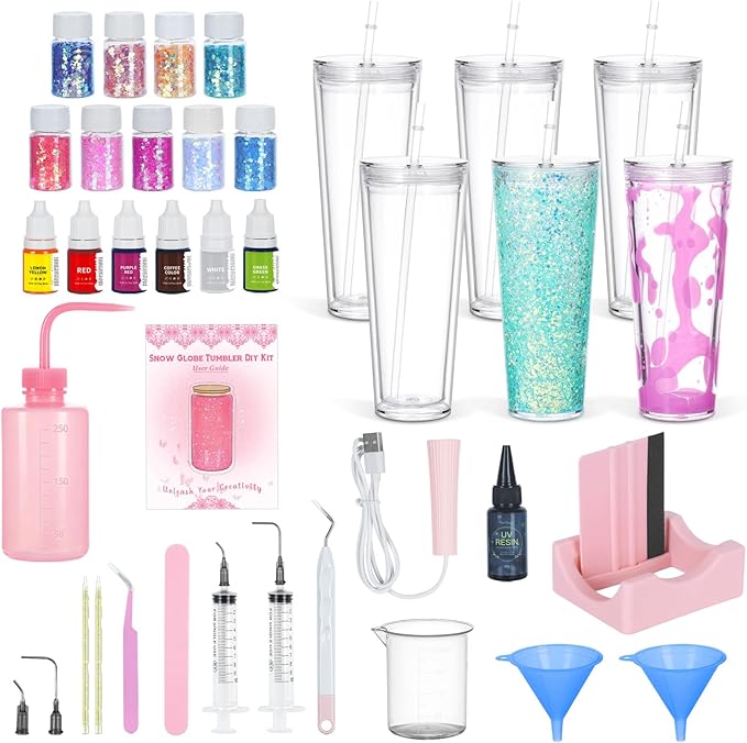 6 Pack 24 Oz Acrylic Snow Globe Tumbler Diy Starter Kit, Double Wall Plastic Pre-Drilled Snowglobe Tumbler Supplies Craft Tool Set