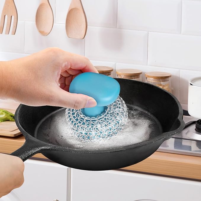 Cast Iron Scrubber | Dish Scrub Brush | 316 Cast Iron Cleaner Chainmail Scrubber Circle + Square 2PCS Blue