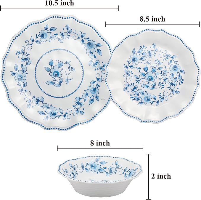 UPware 12 Piece Blue and White Floral Melamine Dinnerware Sets, Outdoor Dishes Set, Plates and Bowls Sets, Service for 4, Blue